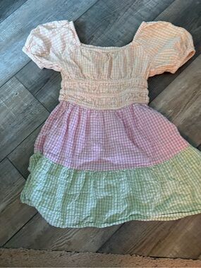 GAP Pastel Gingham Tiered Dress - Pink, Peach & Green